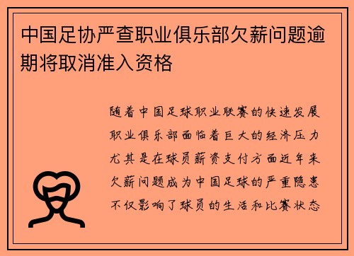 中国足协严查职业俱乐部欠薪问题逾期将取消准入资格 中国足协严查职业俱乐部欠薪问题逾期将取消准入资格